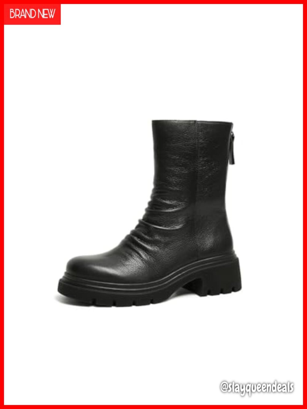 Women's Leather Mid-Calf Slouch Boot Ruched Platform Low Heel Back Zip